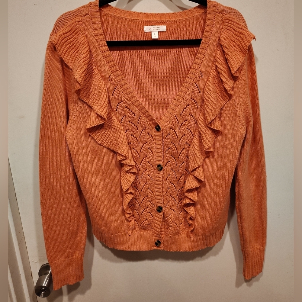 Lauren Conrad Women's Coral V-Neck Cardigan Sweater Sz L-Cottagecore Coquette
